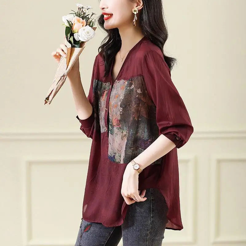 Fashion V-Neck Printed Spliced Diamonds Blouses Women\'s Clothing 2023 Autumn Winter Oversized Commuter Tops Asymmetrical Shirts