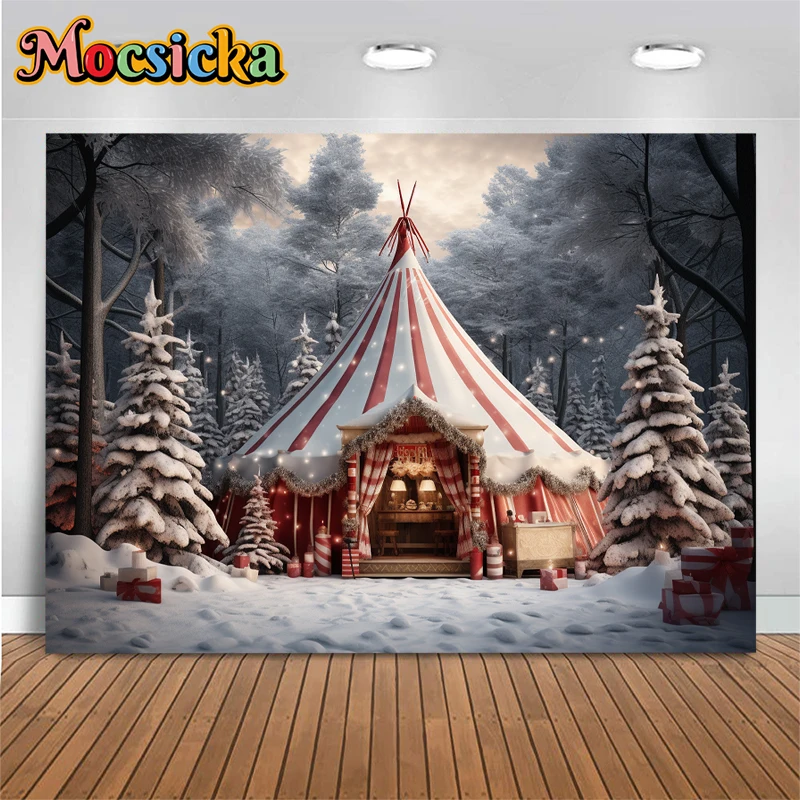 Moclicka tenda Natal latar belakang fotografi, salju musim dingin luar ruangan pohon Kemah pesta foto latar belakang Studio Photozone Tahun Baru