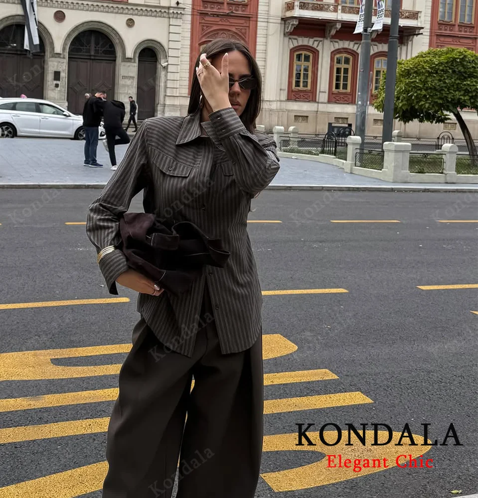 

KONDALA Commute Lady Striped Pocket Shirts Women's Lapel Buttons Loose Shirts 2025 Spring Fall Fashion High Street Casual Shirts