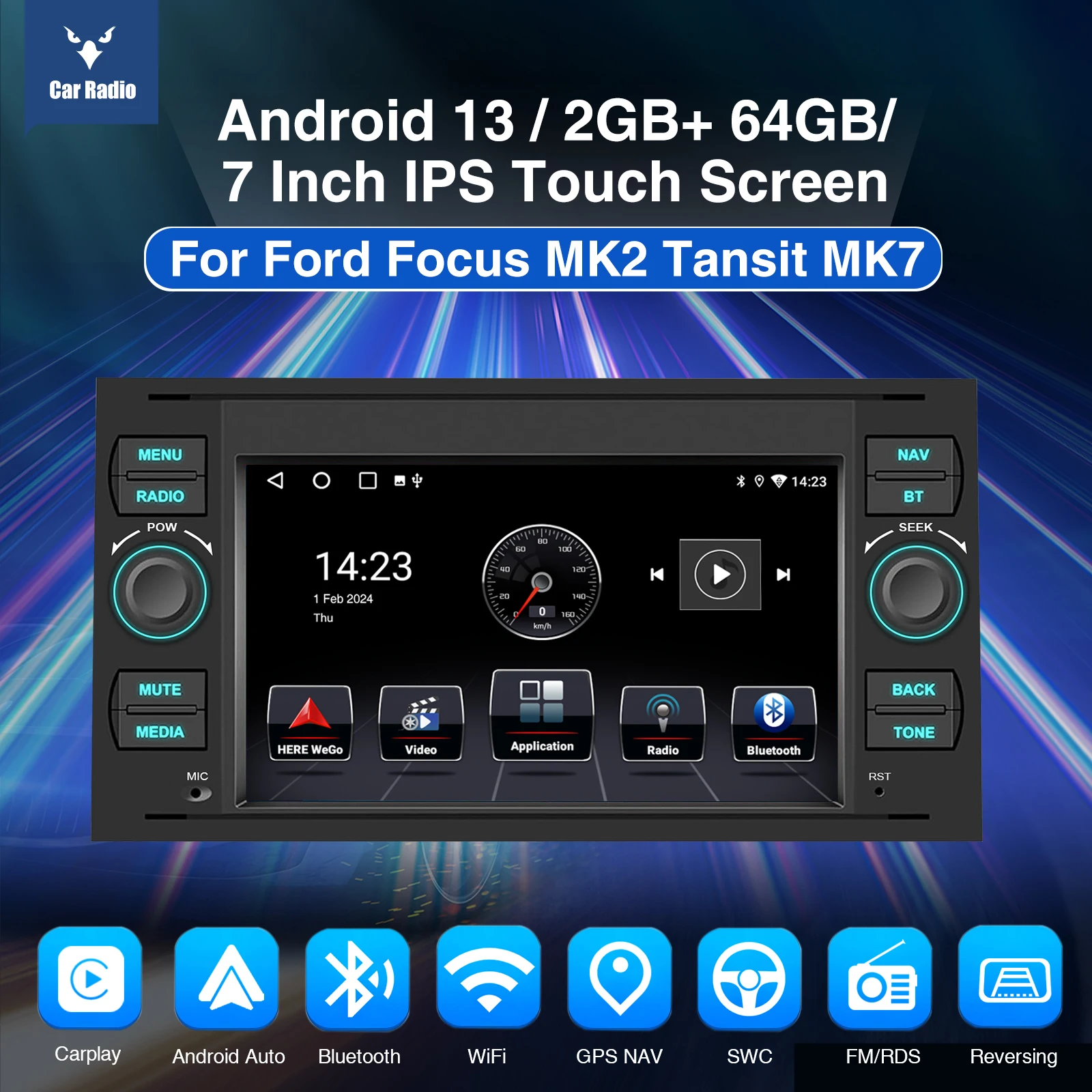 ESSGOO 7” Car Radio For Ford Focus MK2 Tansit MK7 Android 13 2+64G Wireless Carplay WIFI Navigation Multimedia Player ﻿