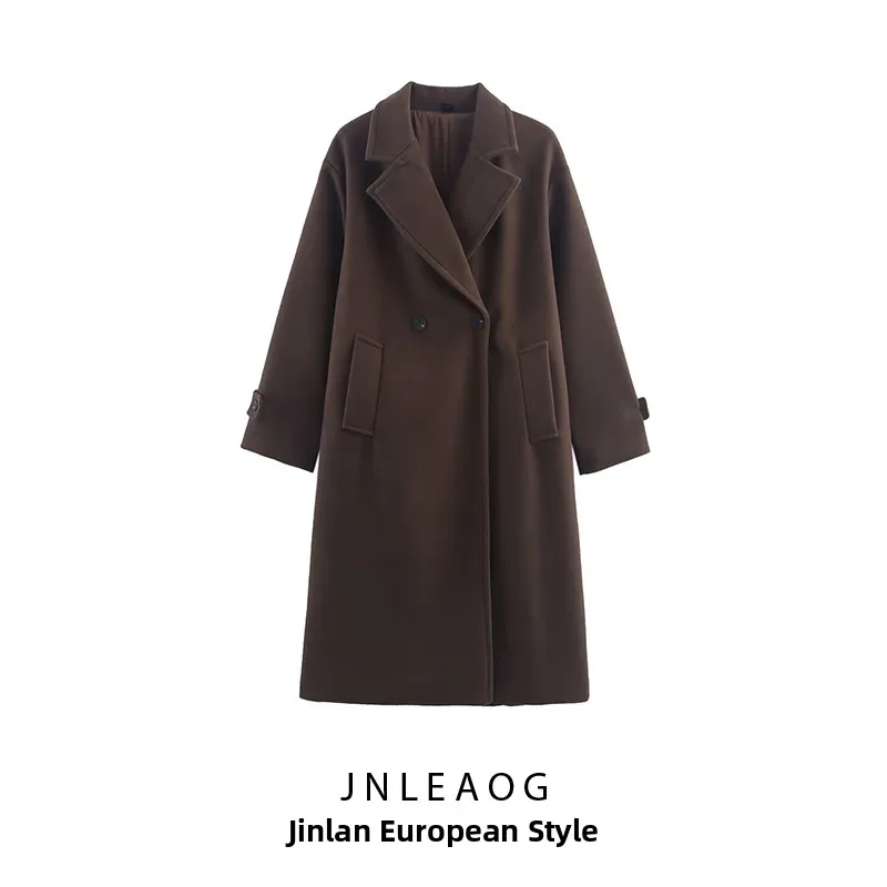 

Faionable Woolen Long Coat Women's Autumn New Sle Ele Straight Cut Suit Jaet Long Sve Double Breasted Pure Color