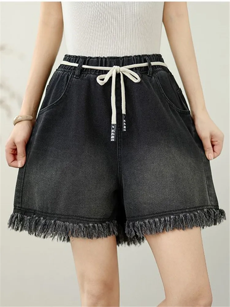 

Denim Shorts Women Drawstring Elastic Waist Pockets Tassel Solid All-match Cool Girls Street Aesthetic Hipster Korean Prevalent