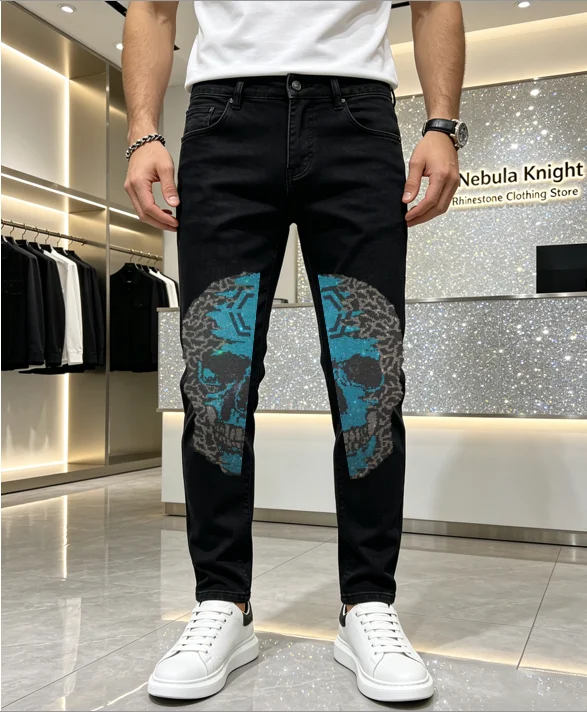 Summer Thin Denim Men Rhinestone Stretch Pants Elastic Waist Slim Fashion Casual Jeans