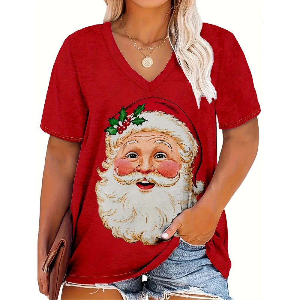 Christmas womens cartoon Santa Claus printed top Christmas T-shirt short sleeved V-neck casual party outfit oversized womens top