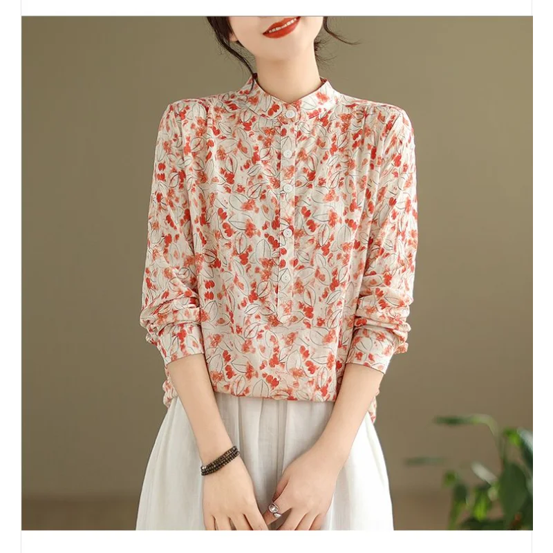 Women's New Stitched Stand Collar Button Printed Shirt Retro Long Sleeve Casual Versatile Bottoming Top