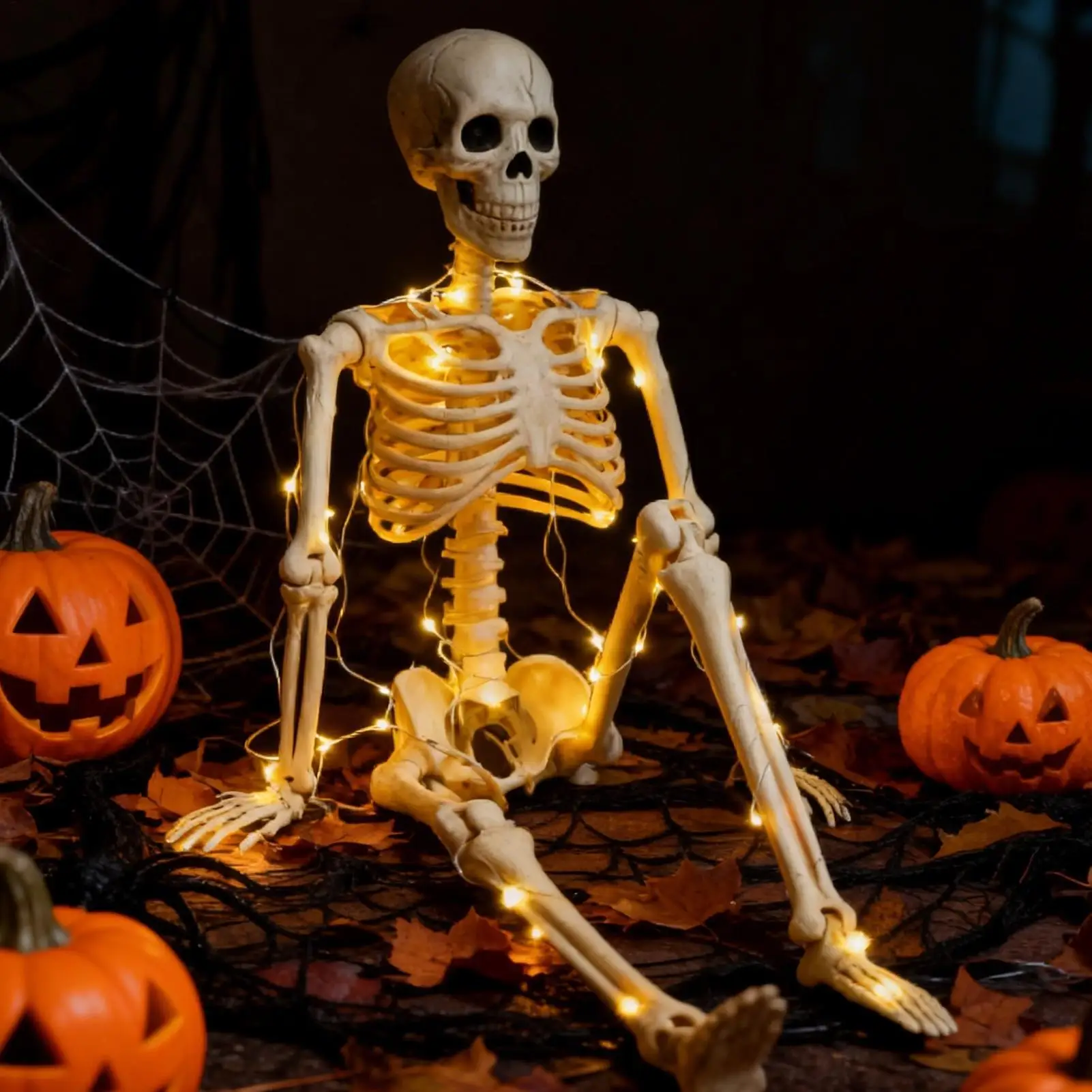 Halloween Skeleton Decorations 35.4inch Posable Spooky Decor With String Lights Posable Skeleton For Yard Patio Lawn Garden