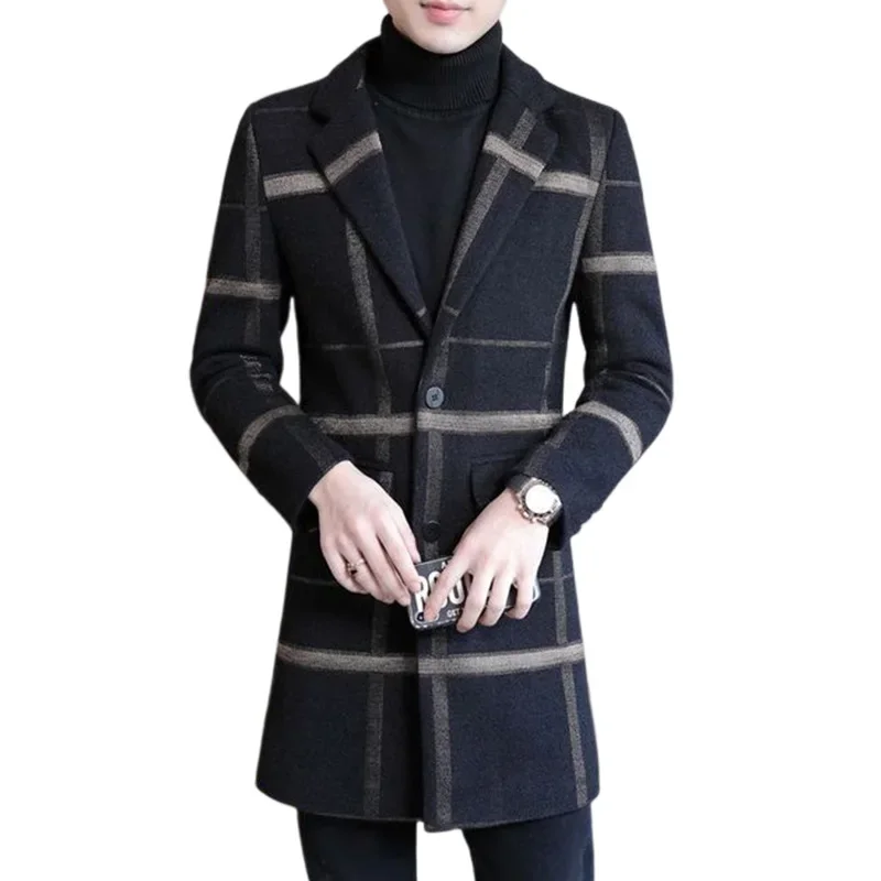 

Autumn and Winter New Men's Woolen Coat Mid-length Casual Slim Korean Version Plaid Large Size Trend Lapel Men's Trench Coat