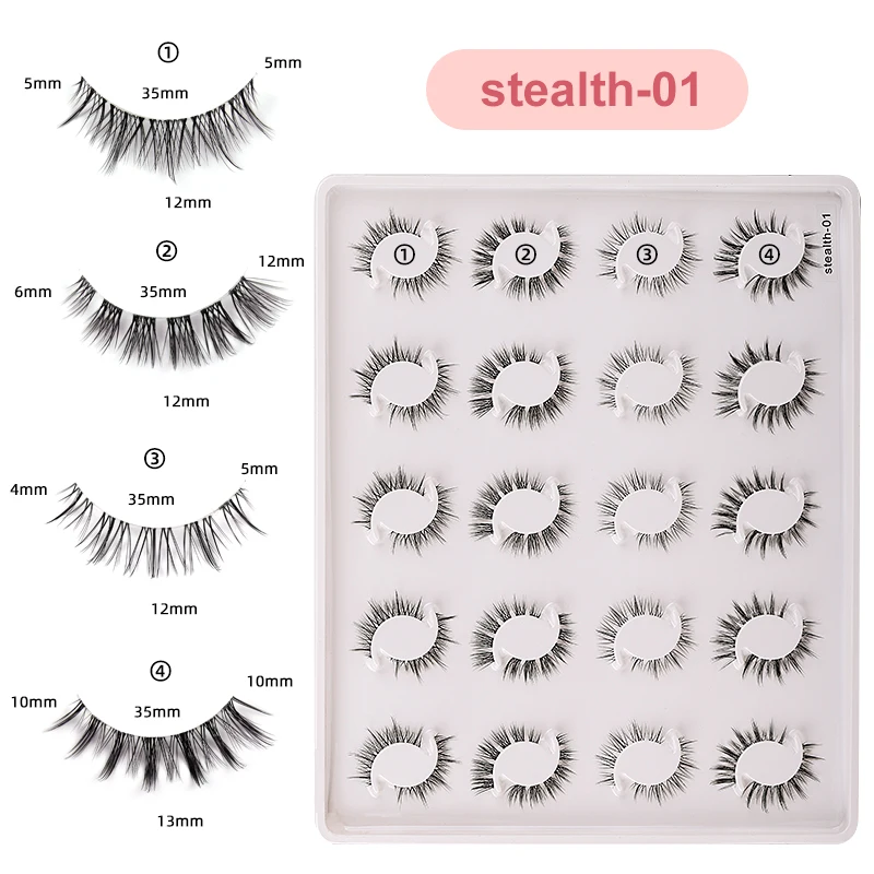 Faux cils de vison naturels coréens, bande complète, bande transparente invisible, faux cils manga cosplay, 4 styles, 20 paires mélangées