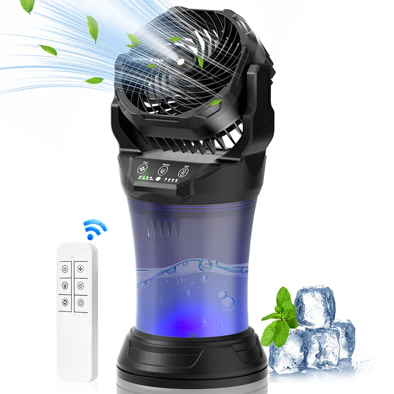 

Portable Spray Fan Remote Control Rechargeable Battery Instant Cooling Fan with RGB Light for Camping Outdoors