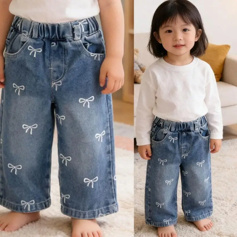 Girls Jeans With Bowknot Print Classical Straight Leg Design Comfortable For Everyday Wear Casual Blue Jeans A2UB