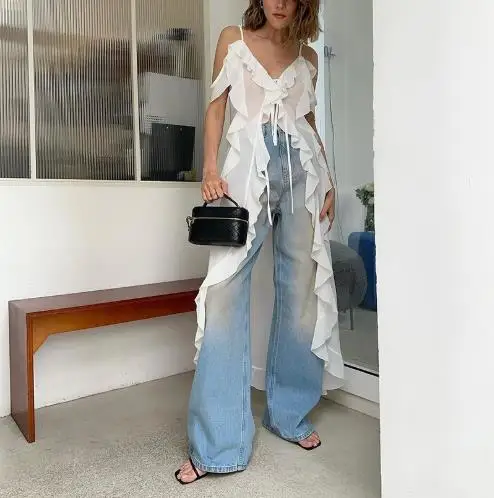 

White Chiffon V-Neck Ruffle Edge Off Shoulder Camisole Dress 2025 Summer Fashion New Long Skirt