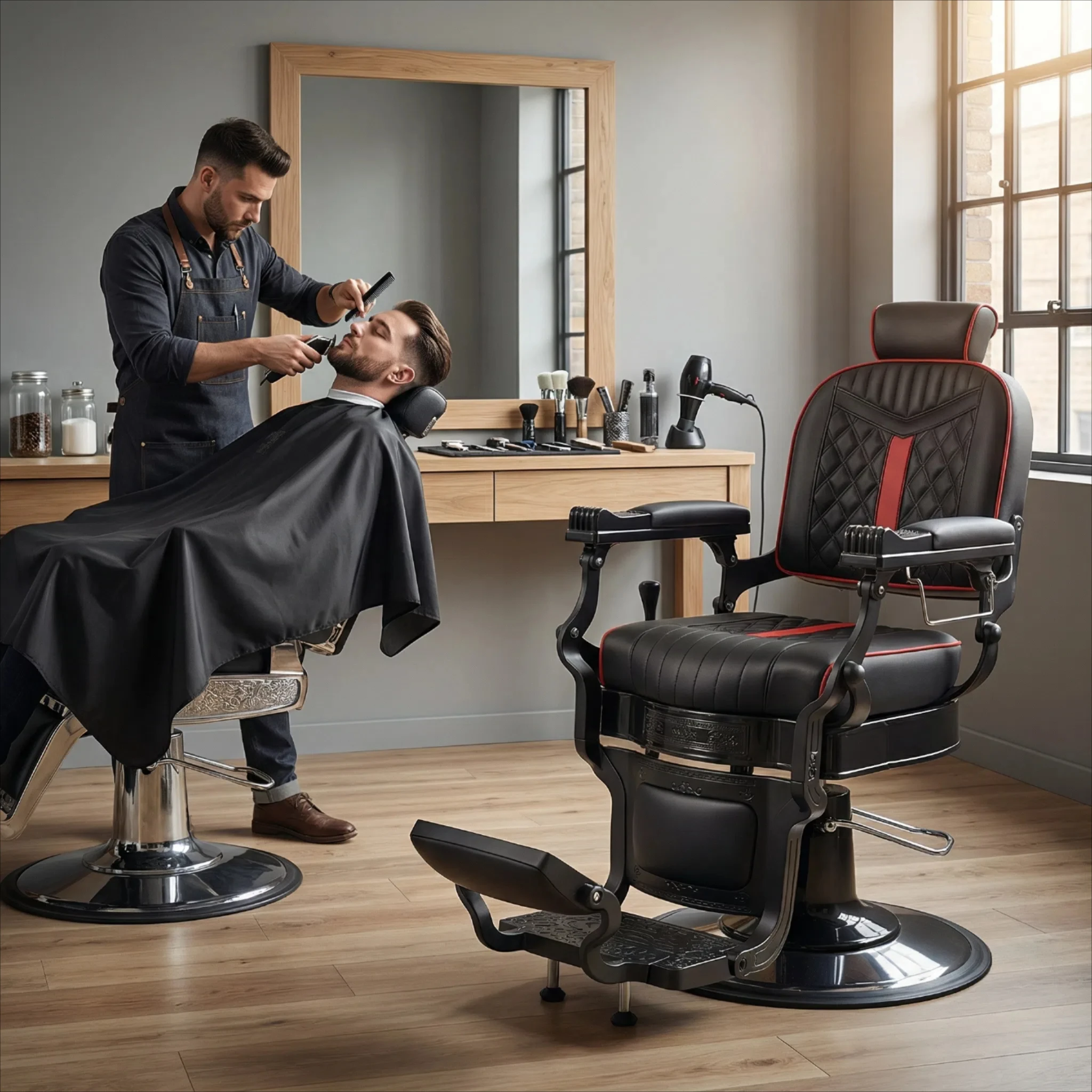 Keyunshi Black & Red Ergonomic Barber Chair, Adjustable Headrest, High-Density Cushion & Extra-Wide Footrest for Men's Grooming