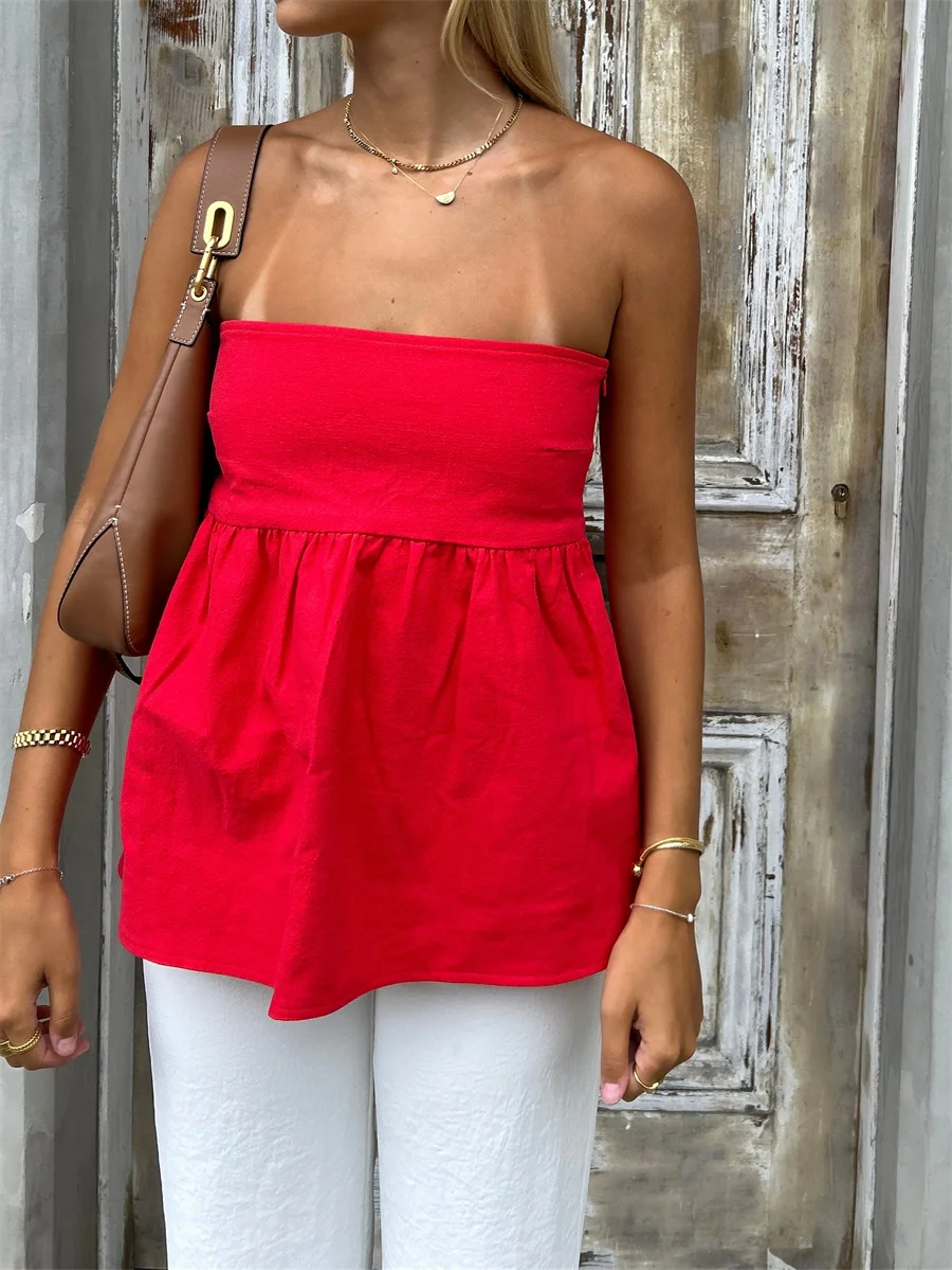 女性用ストラップレスフラウンストップ,タンクトップ,ノースリーブプリーツペプラム,バンドゥブラウス,フローリーストリートウェア