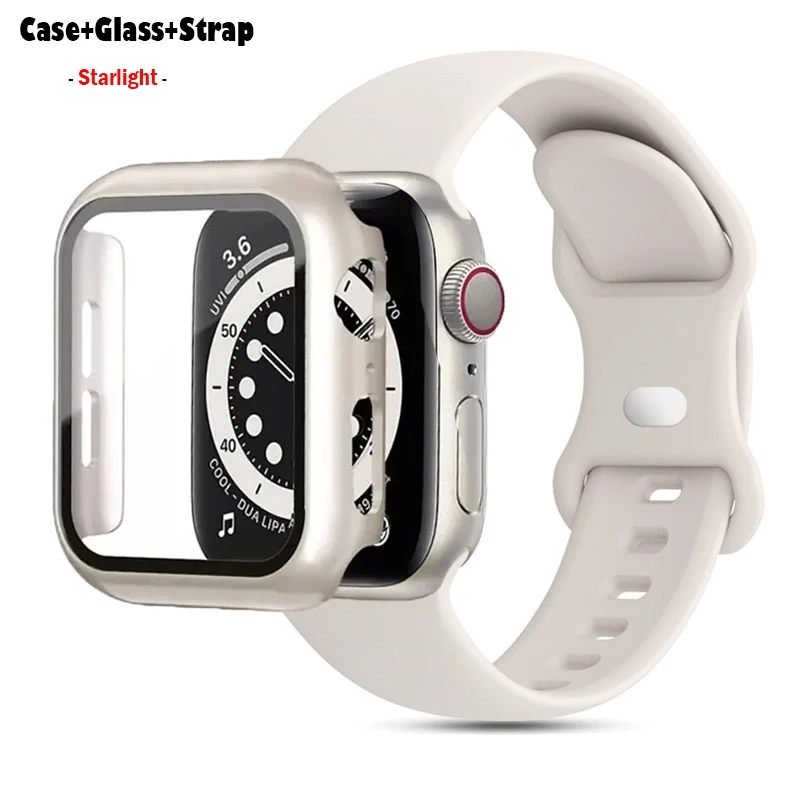 

Glass+Case+Strap For Apple Watch band 45mm 40mm 44mm 41mm 38mm 42mm sport Silicone bracelet iWatch series 8 9 7 6 5 4 3 SE bands