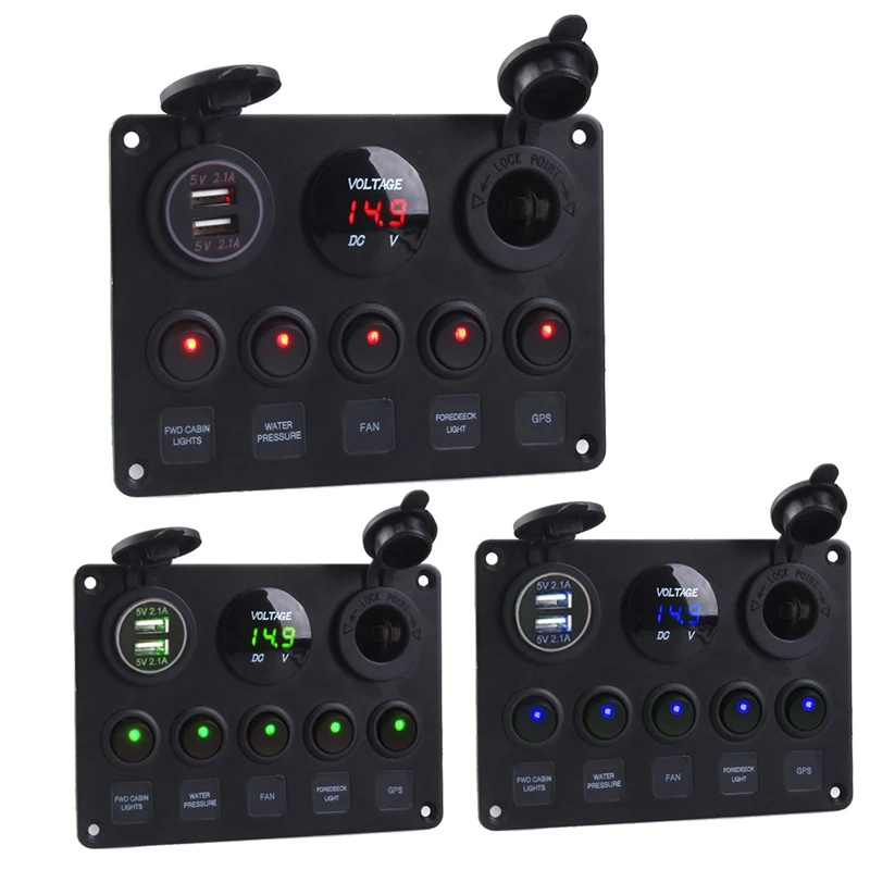 Dual USB Socket Charger LED Voltmeter 12V Power Outlet 5 Gang ON-OFF Toggle Switch Panel For Car Boat Marine RV Truck