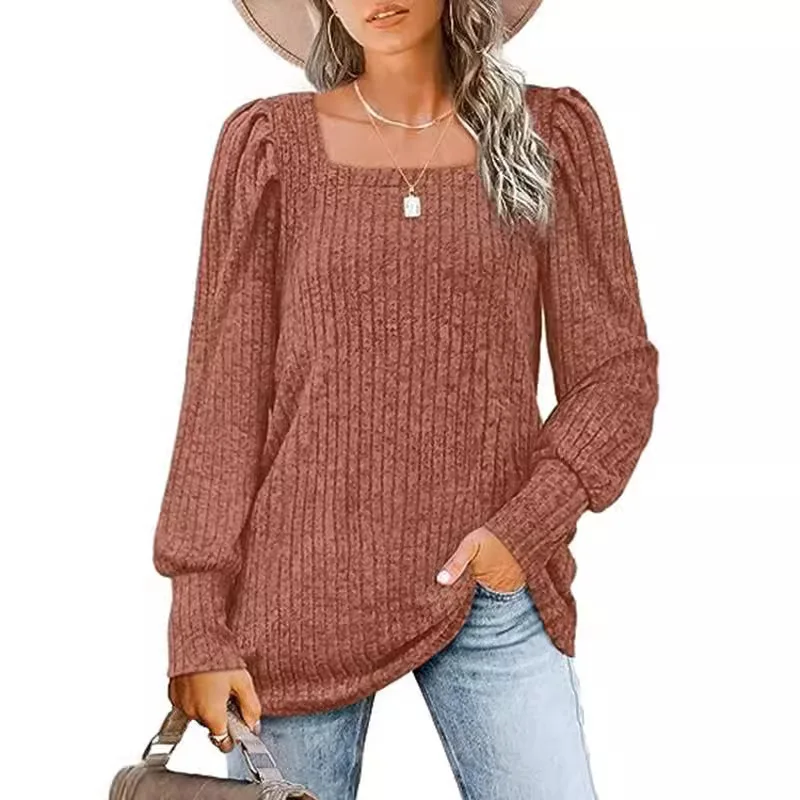 Faionable femmes longue Sve Bubble Sve col carré haut rayé transfrontalier automne hiver Hit Ele pantalon pour femme