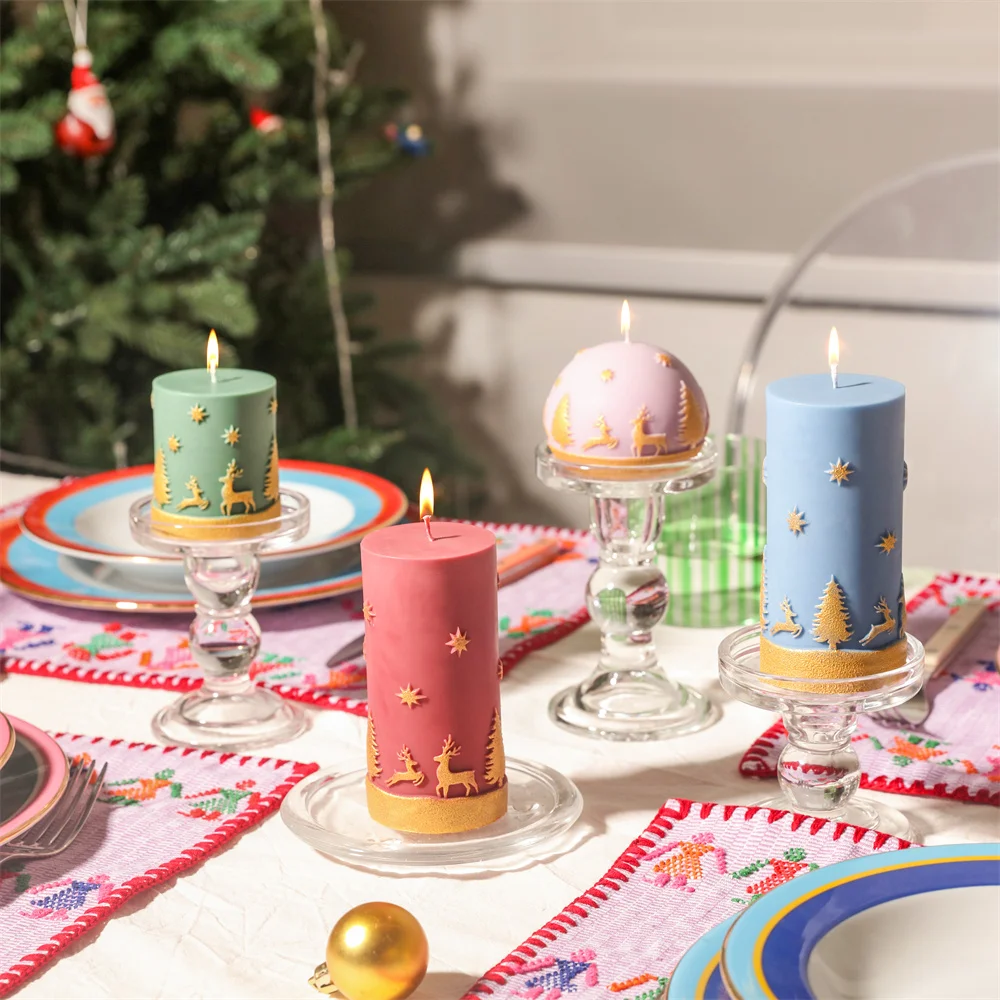 Chritsmas Embossed Pillar Candle Silicone Mold with Chrsitmas Tree Cylindrical Candle Making Mould DIY Handmade Xmas Gift