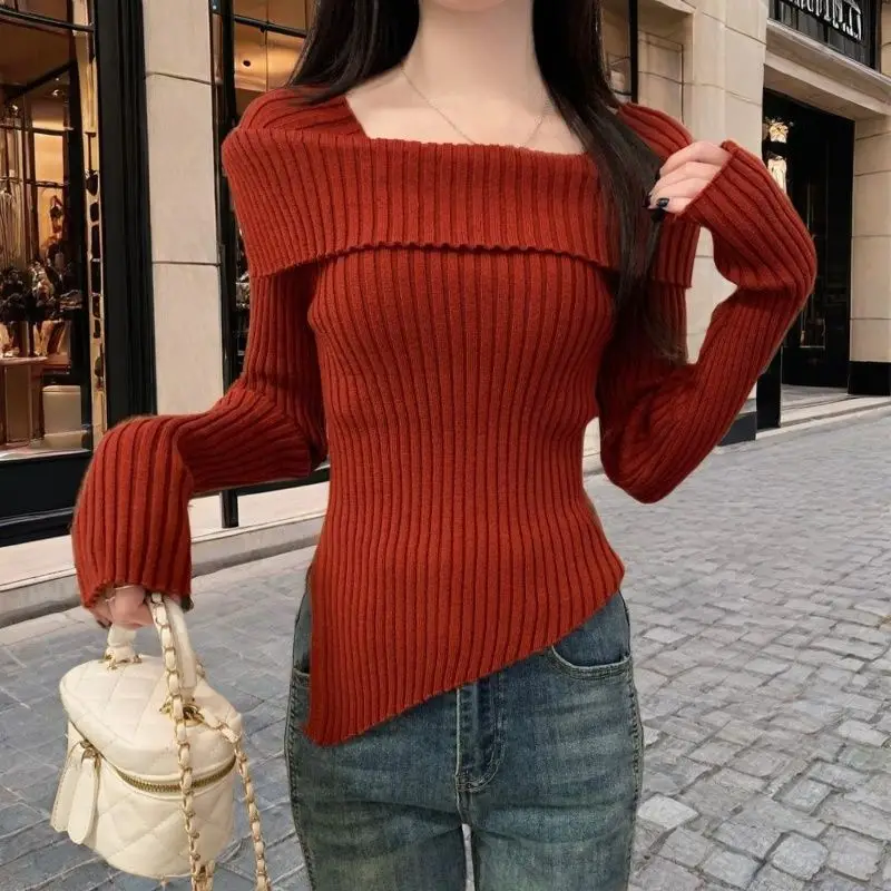 

Spring 2026 Women's Advanced Knitted Sweater One-Shoulder Asymmetrical Long Sleeve Red Side Split Casual Fashion French Style