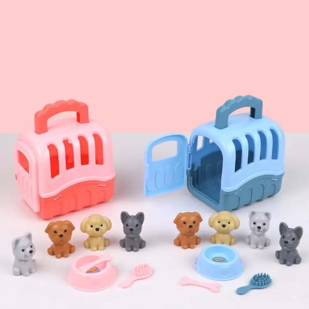 High Quality Cute Mini Puppy Pretend Play Toy Dog Doll Set Animal Dog Pet Basket Toys Kids Toys Visual Senses Dog Cage Toys