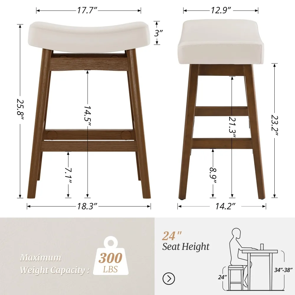 Bar Stools Set of 2, Barstools with Sturdy Wood Legs, Saddle Seat Counter Height Bar Stools for Kitchen Counter, Bar