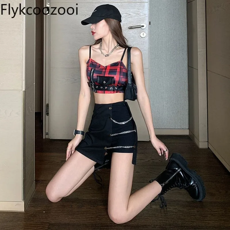

Y2K Style Spicy Printed Plaid Tight Bust Camis Crop Top Bra Women High-waisted Irregular Chain Wrap Skirt Summer Chic Sexy Suit