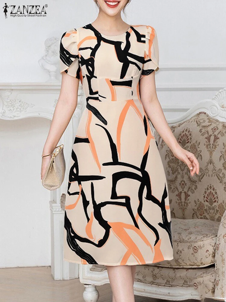 

ZANZEA Fashion O-Neck A-Line Midi Dresses 2025 Summer Woman Fitted Waist Petal Sleeve Party Vestidos Elegant Printed Robes Femme