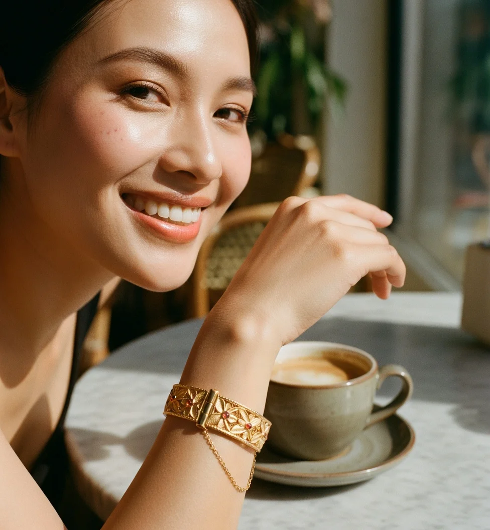 

Роскошный браслет-цепочка из чистого золота 24K (AU999) с полым филигранным узором «Орхидея» и эмалью для женщин, в стиле ретро, дворцовый, в национальном стиле, с защитной цепочкой, изысканный