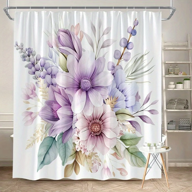 

Pastel Floral Bouquet Shower Curtain - Soft Lavender Pink & Blue Flowers, Detailed Petals, Botanical Art Bathroom Decor