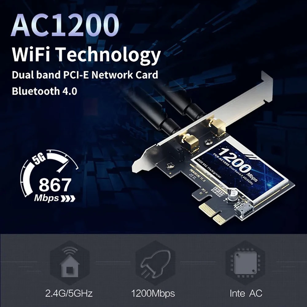 Kebidumei AC1200 WiFi アダプタ Bluetooth デュアルバンド 2.4GHZ/5Ghz PCI Express ワイヤレスネットワークカードデスクトップ用 Windows 7/10/11