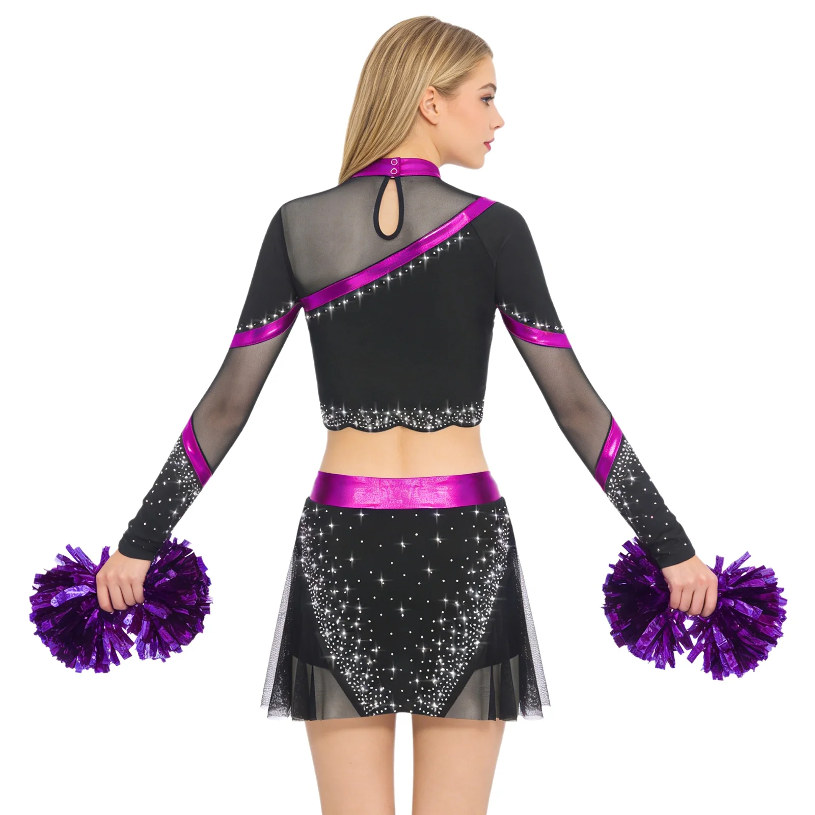 4Pcs Womens Cheerleading Dance Outfits Cheerleader Costume Long Sleeve Sequins Crop Tops with Dance Skirt And Hand Flowers Set
