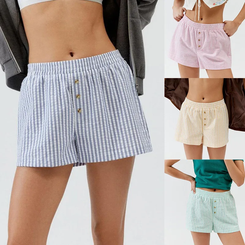 شورت نسائي جديد كاجوال مخطط ومربعات بأزرار للعمل، ساق مستقيمة من ألياف البوليستر مطبوعة بطول ثلاثة أرباع