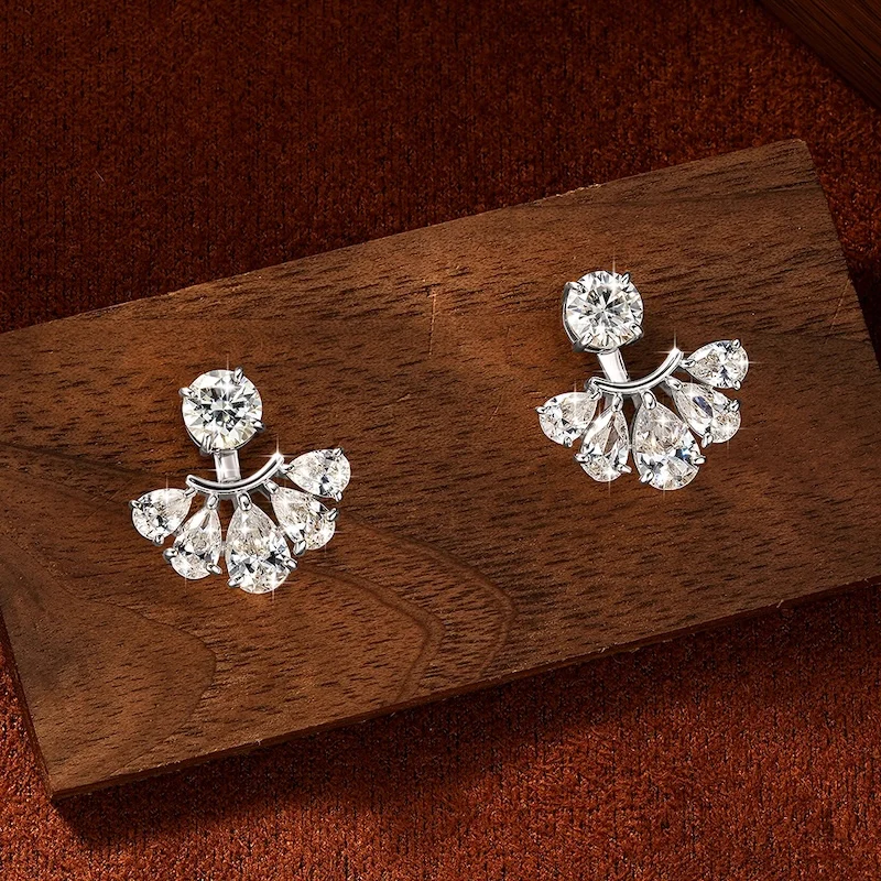 Rrjzz 5mm Moissanite Flower Two Wears Earrings for Women Five Pear Zircon Fan-shaped Petals Drop Earring Birthday Jewelry Gifts