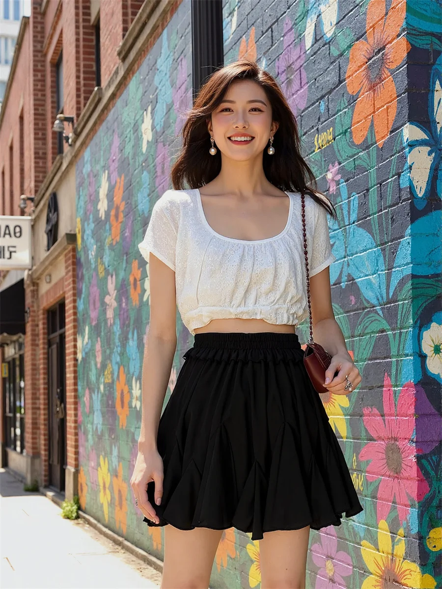 Pleated Mini Black White Skirts Womens Mesh  Balloon Layered Ruffle Hem Elastic Waist Artistic College Furry Night Pastel