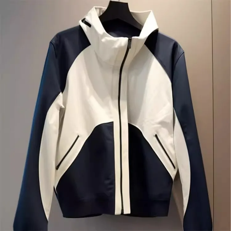 Women Hardshell Jacket Casual Short Coats Color Blocked Hooded Long Sleeves Zippper Loose Fit Office Lady 2025 Spring Autumn