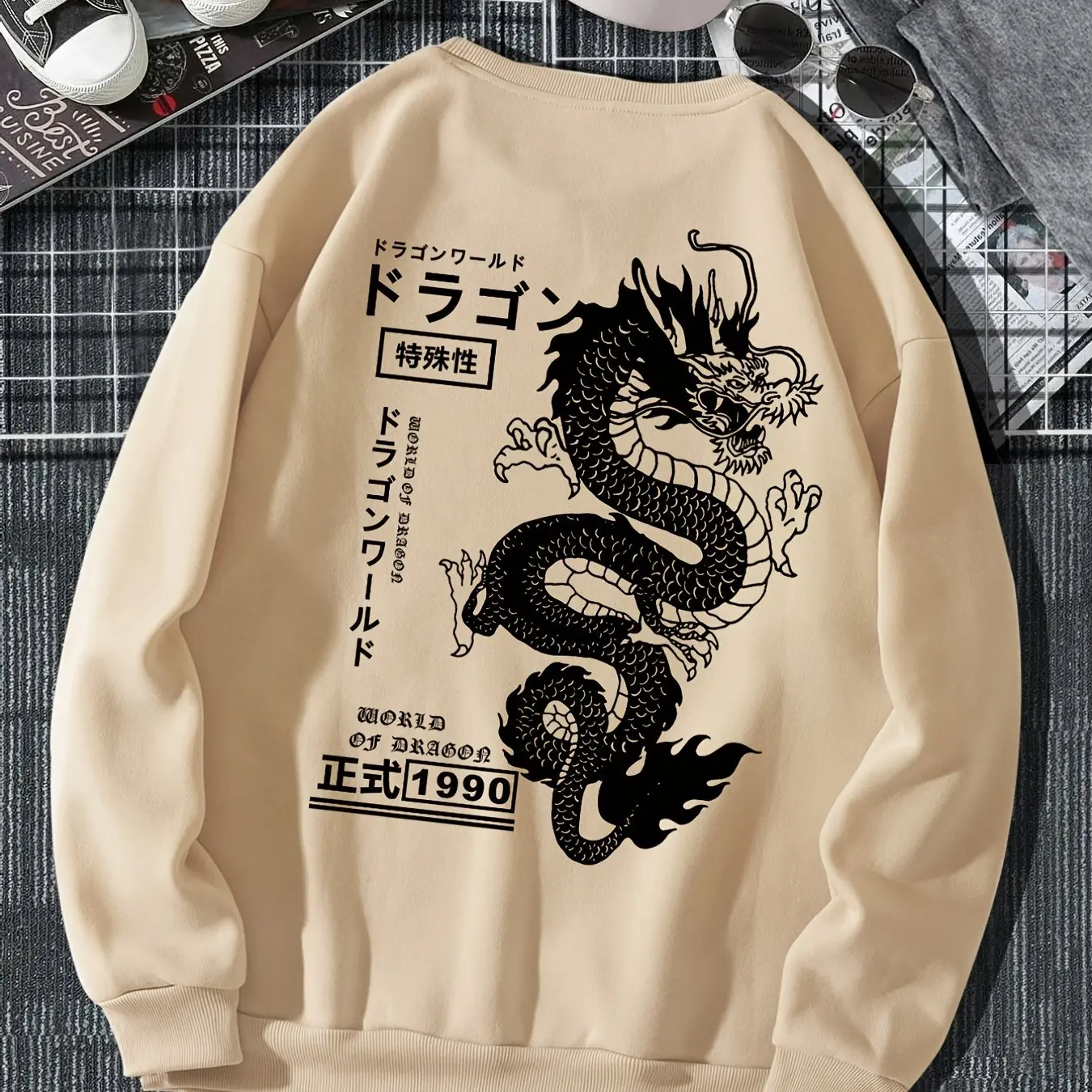 Pullover Sweatshirt For Men Japanese Characters Chinese Dragon Graphic T-Shirt Long Sleeve Oversized Pullover Casual Sweatshirts