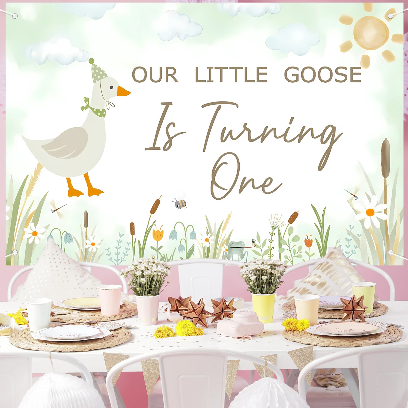 أوزتنا الصغيرة تتحول إلى خلفية واحدة من زينة حفلات أوزة خضراء لعيد الميلاد الأول بألوان مائية وخلفية كرتونية للأوز الصغير #6