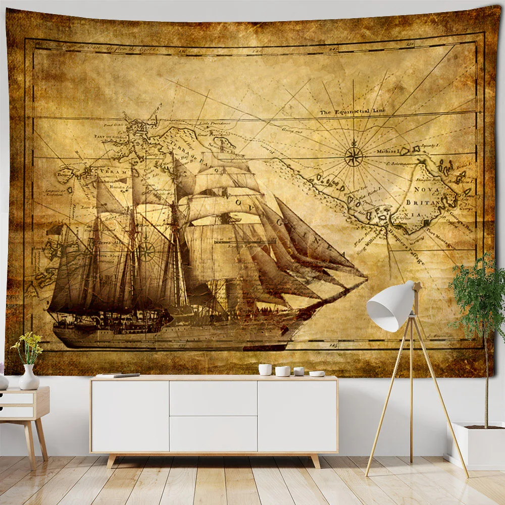 

Vintage pirate ship tapestry home decoration wall hanging art decoration background cloth living room printing decoration mural