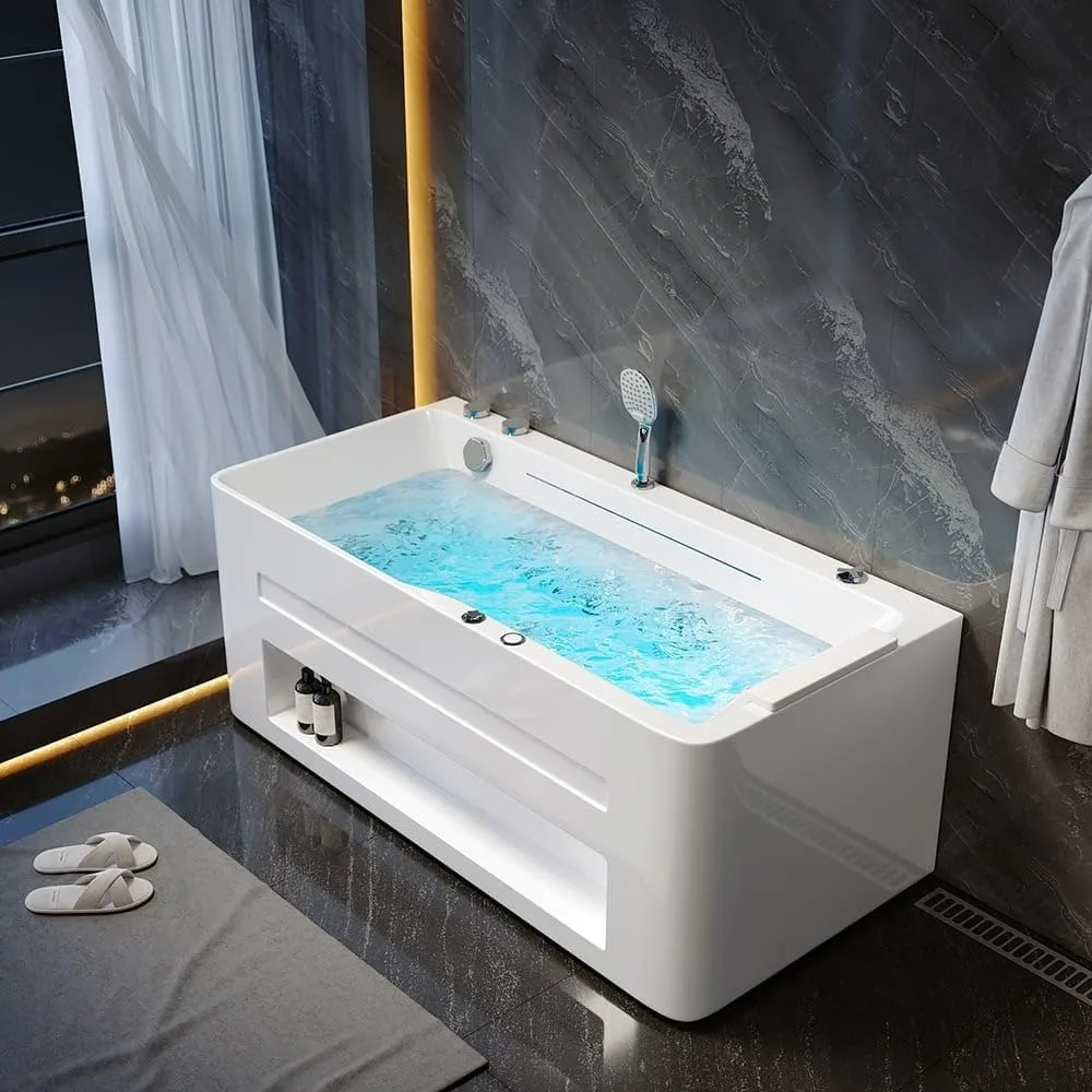 59'' Modern Acrylic Alcove Whirlpool Bathtub, Rectangular Water Massage Bathtub LED Soaking Tub with Bathtub Filler Faucet