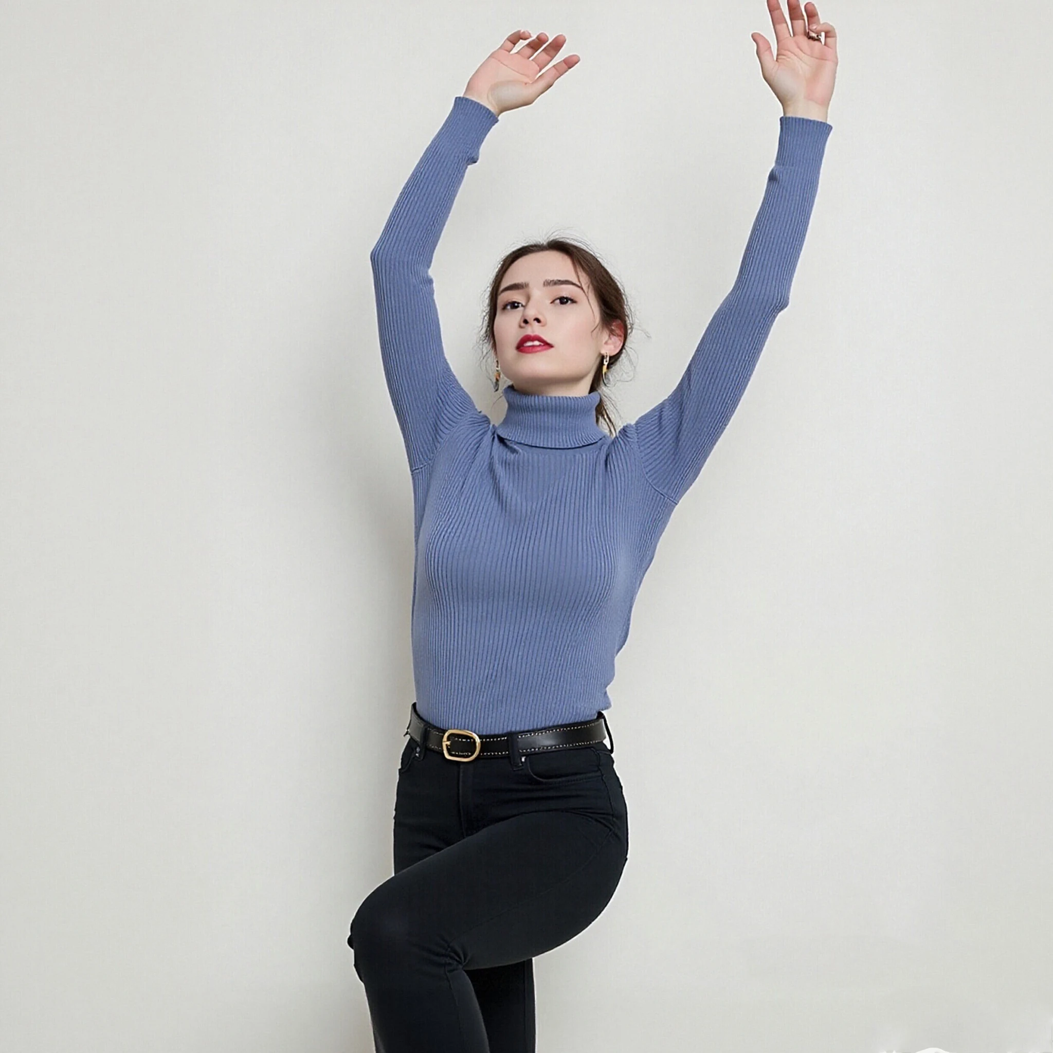 

Облегающие топы Элегантный женский свитер с высоким воротником Облегающий вязаный топ с длинными рукавами Стильный ребристый дизайн для ношения