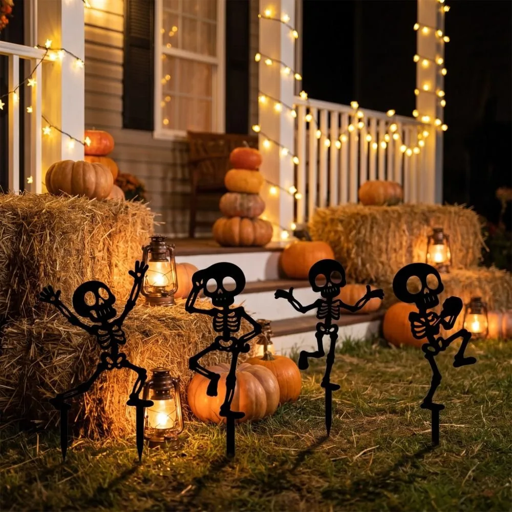 Skull Halloween Decorations Dancing Skeleton Hollow Out Garden Stake Decorations Acrylic Gothic Style Bone Dancer Yard Stake