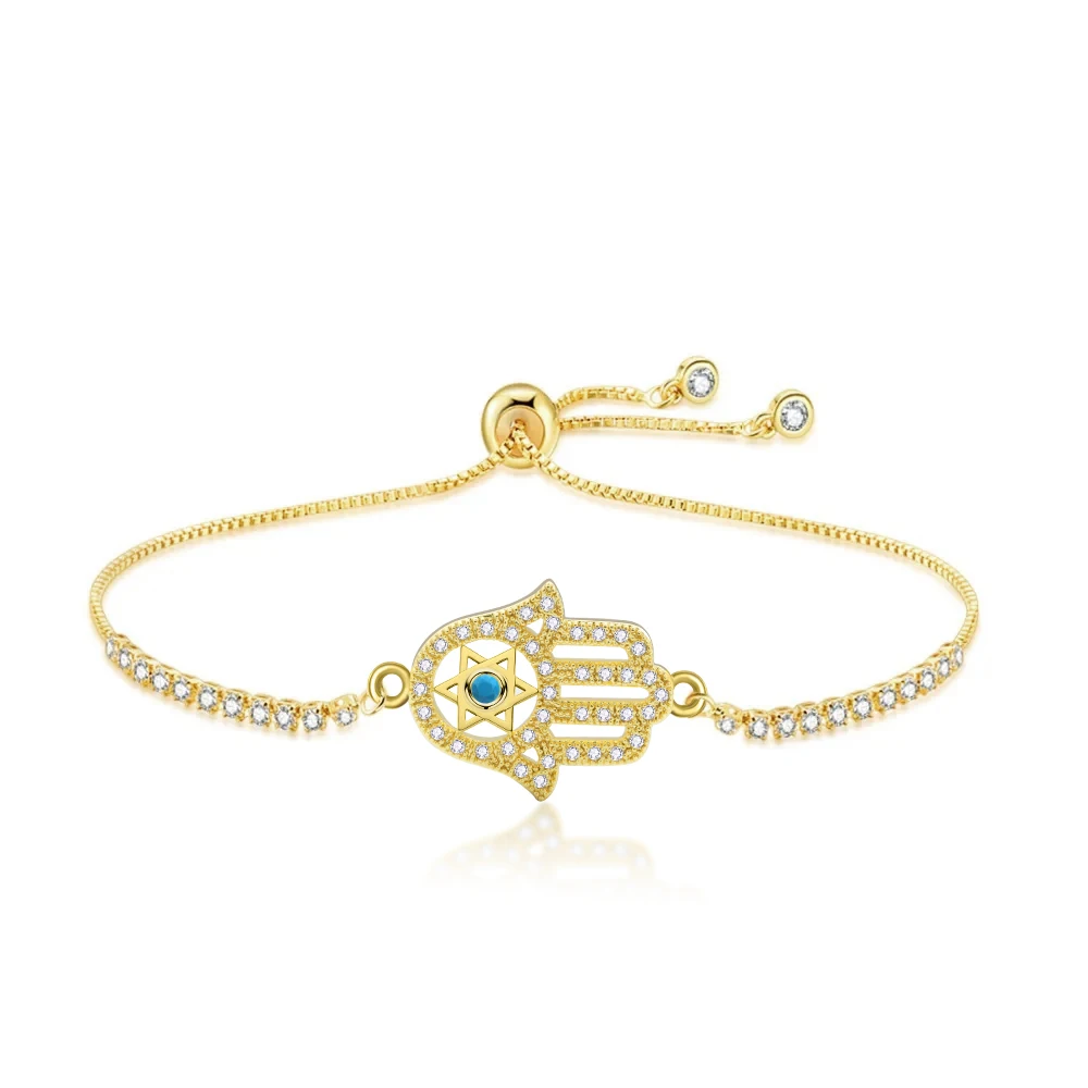 CZ Gold-plated Brass Hamsa Hand Of Fatima Jewish Star Of David Charm Bracelet Cubic Zirconia Crystal Women Trendy Jewelry Gift