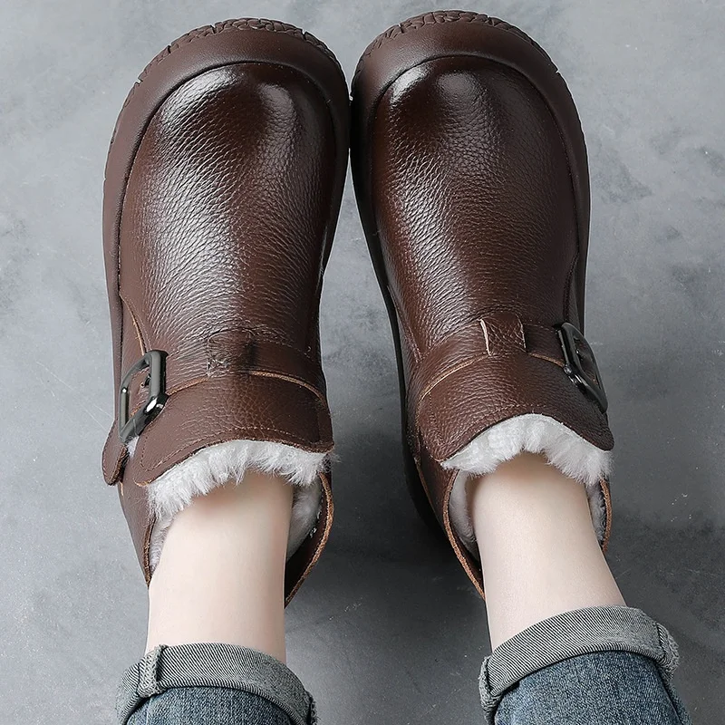 

Теплые женские кожаные ботинки на тонком каблуке с флисовой подкладкой, противоскользящие, с металлическим элементом, круглым носком, на хлопковой подкладке