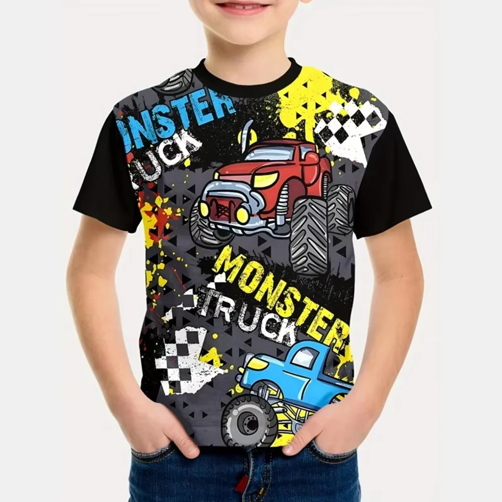 3D Print Cartoon Big-Wheel Car T-Shirt for Boys Car Lover Outdoor Kids Clothes Summer Short Sleeve Boy Clothing 2-10y Child Top