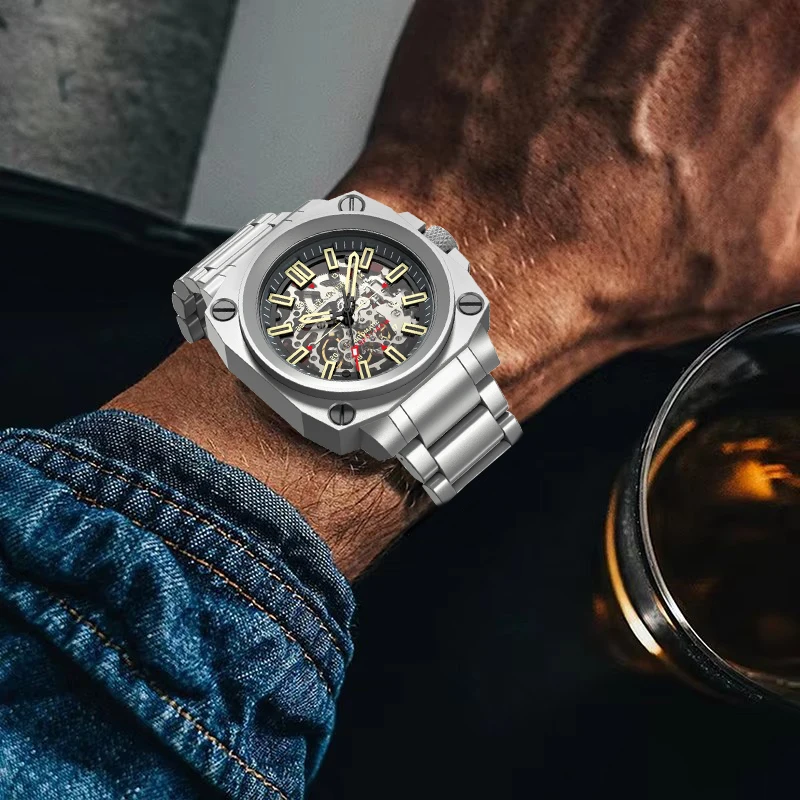 FeelNever, reloj mecánico de la mejor marca, relojes deportivos informales con banda de acero inoxidable y esqueleto, relojes automáticos para hombres, relojes luminosos impermeables