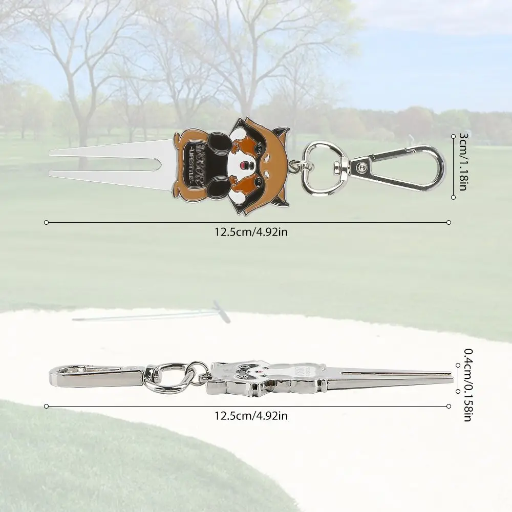 Liga de zinco ferramenta de reparo de divot de golfe multi-funcional dos desenhos animados garfo verde portátil dupla face padrão garfo de bola de golfe