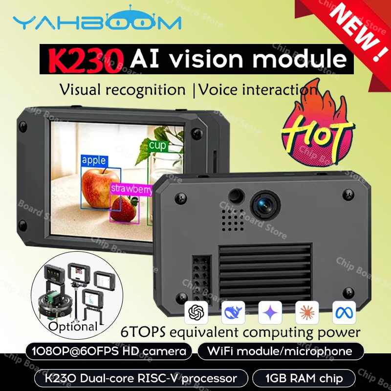 

Yahboom K230 AI Vision Module Kendryte K230 Chip with 2MP Camera and 2.4-inch HD Touch Screen (Opional)