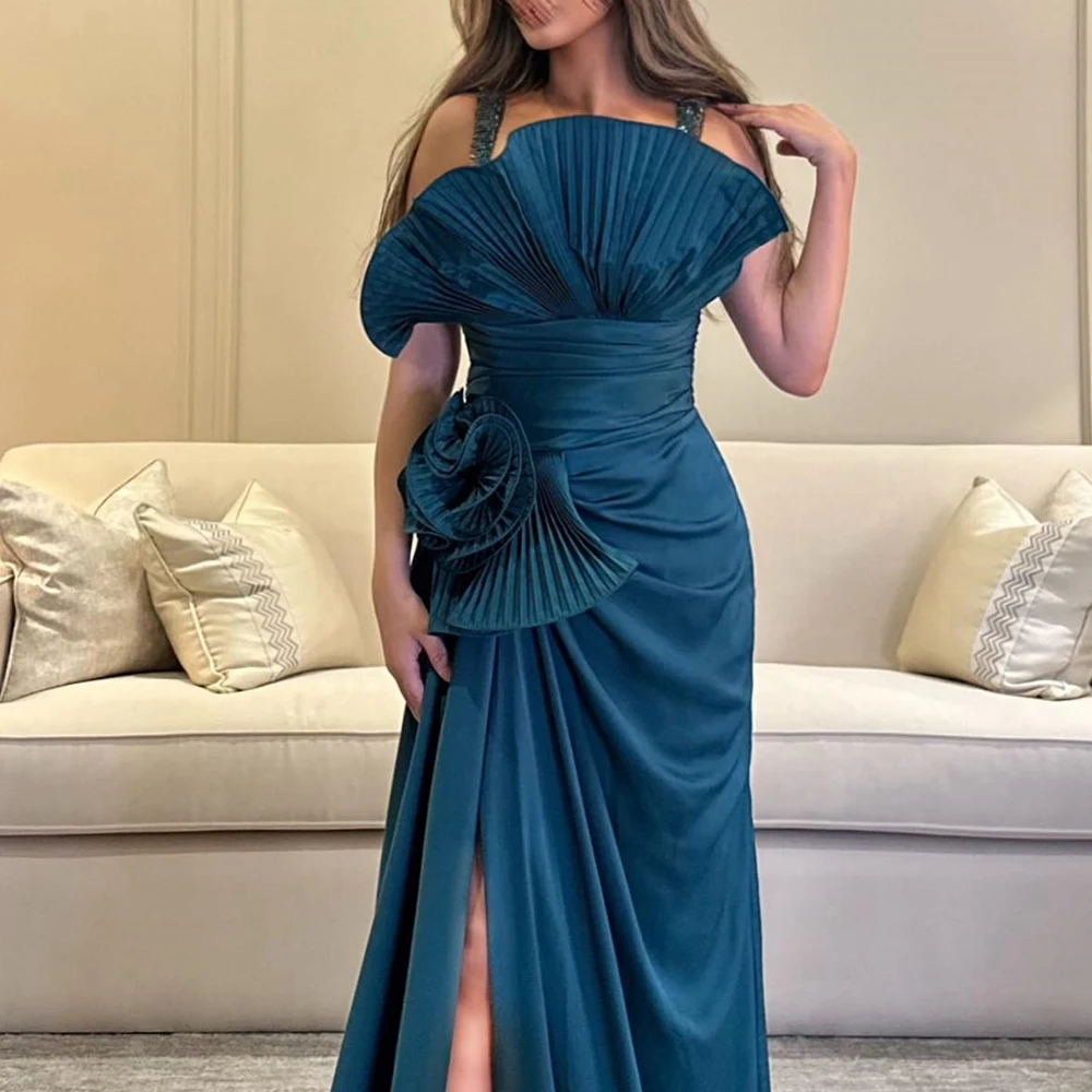 Customized Sexy Jersey A-Line Front Slit Spaghetti Straps Crystal Ruffles Evening Dress Delicate  Sleeveless vestidos de fiesta