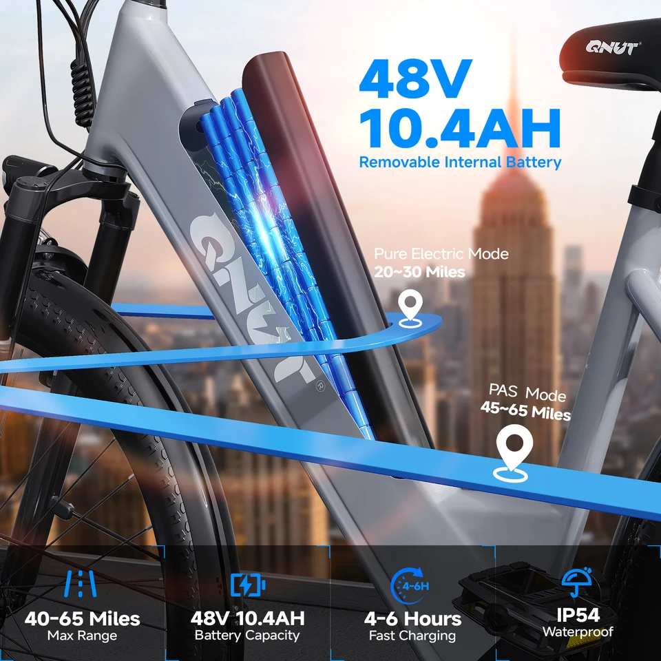 QNUT Electric Bike1000W Peak Commuter Ebike with 48V10.4Ah Built-in Battery 26" City Step Through E-Bike 7-Speed 65Miles 20Mph Urban Electric Bicycles for Women Men Teens image 4