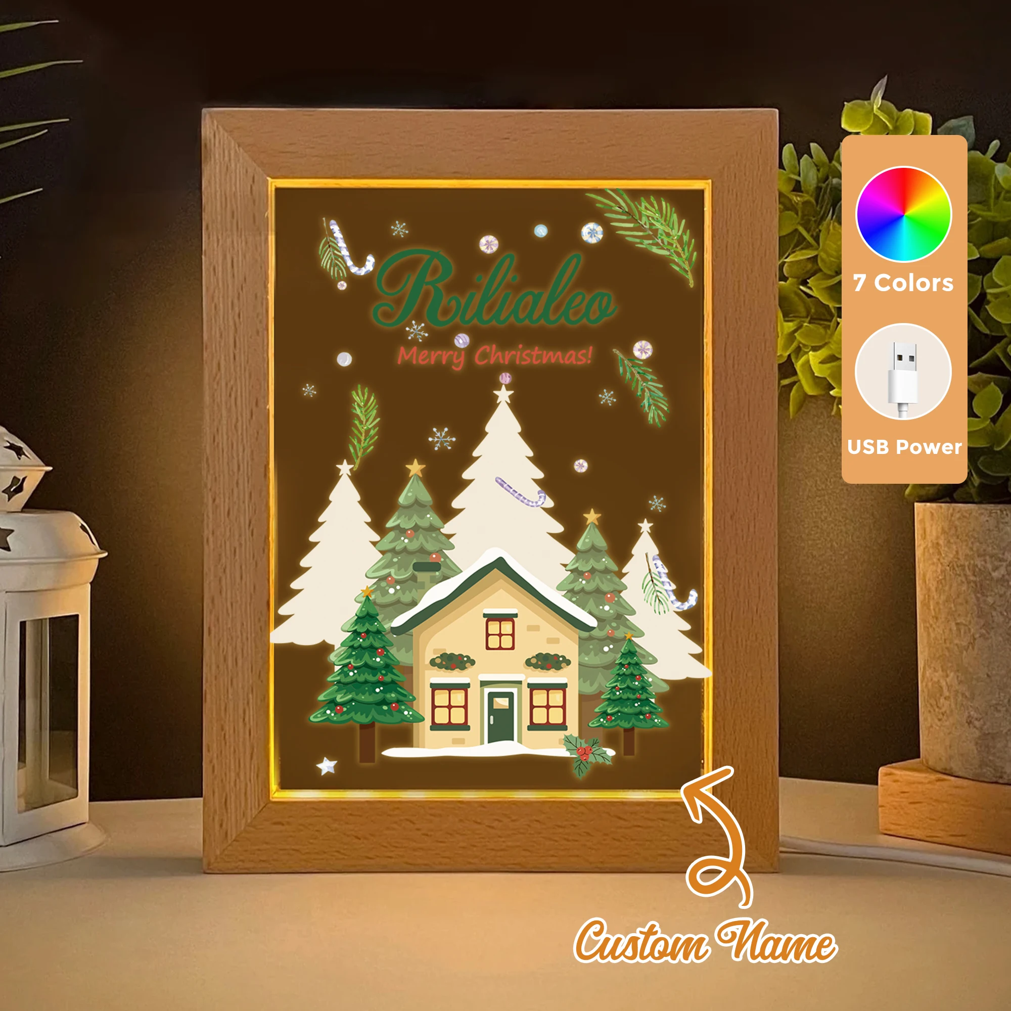 

Custom Name Christmas Farm LED Acrylic Night Light Wood Photo Frame 21x17cm Christmas Cartoon Children Bedroom Gifts Home Decor