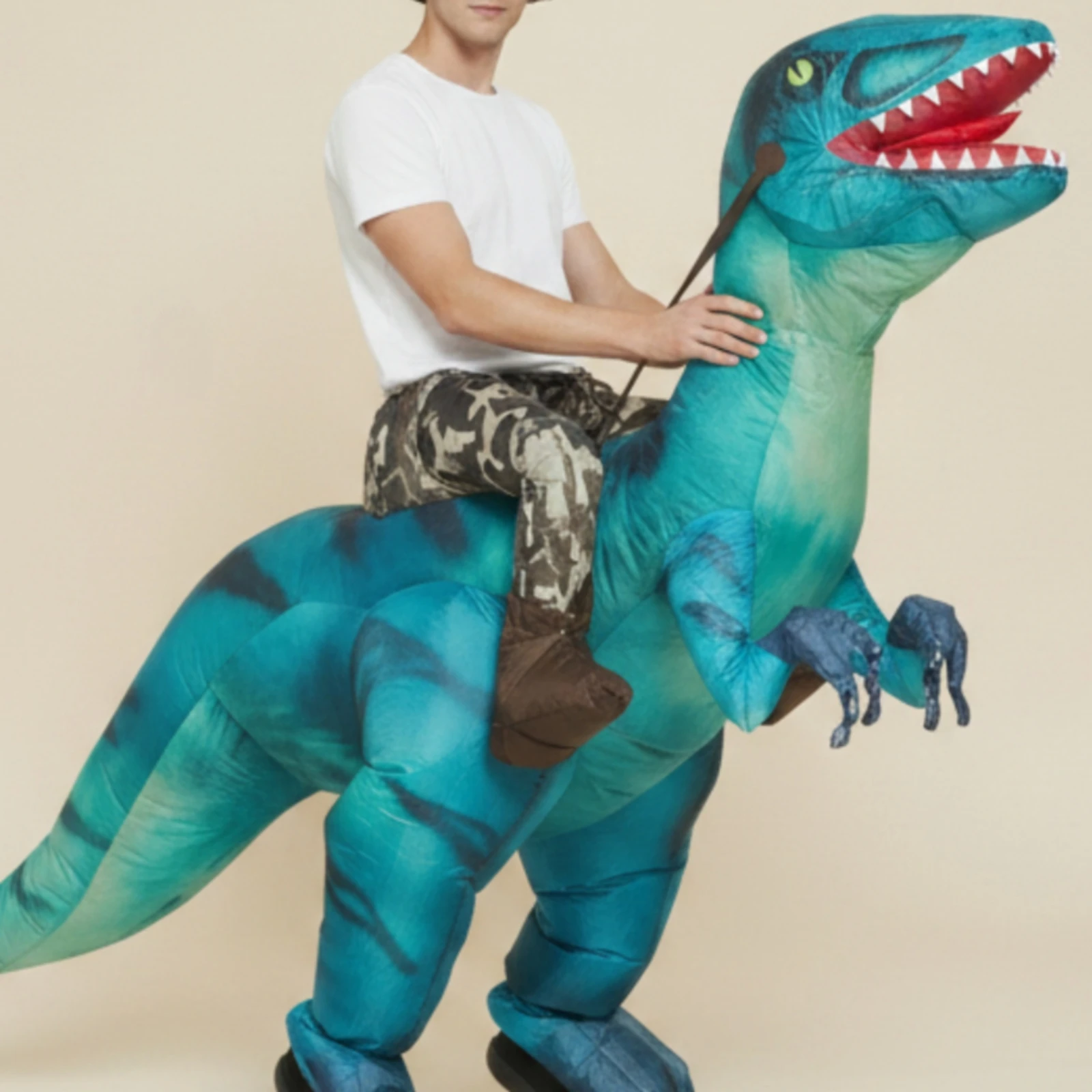 Mounted Dinosaur Costume Velociraptor Inflatable Dinosaur Costume Apparel Long-Lasting Lightweight for Halloween